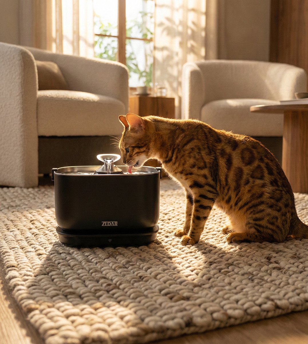 Kat drinkt uit Zedar WF600 drinkfontein